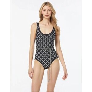 Michael Kors One Piece Swimsuit 14 Black Logo Chain Belt Empire